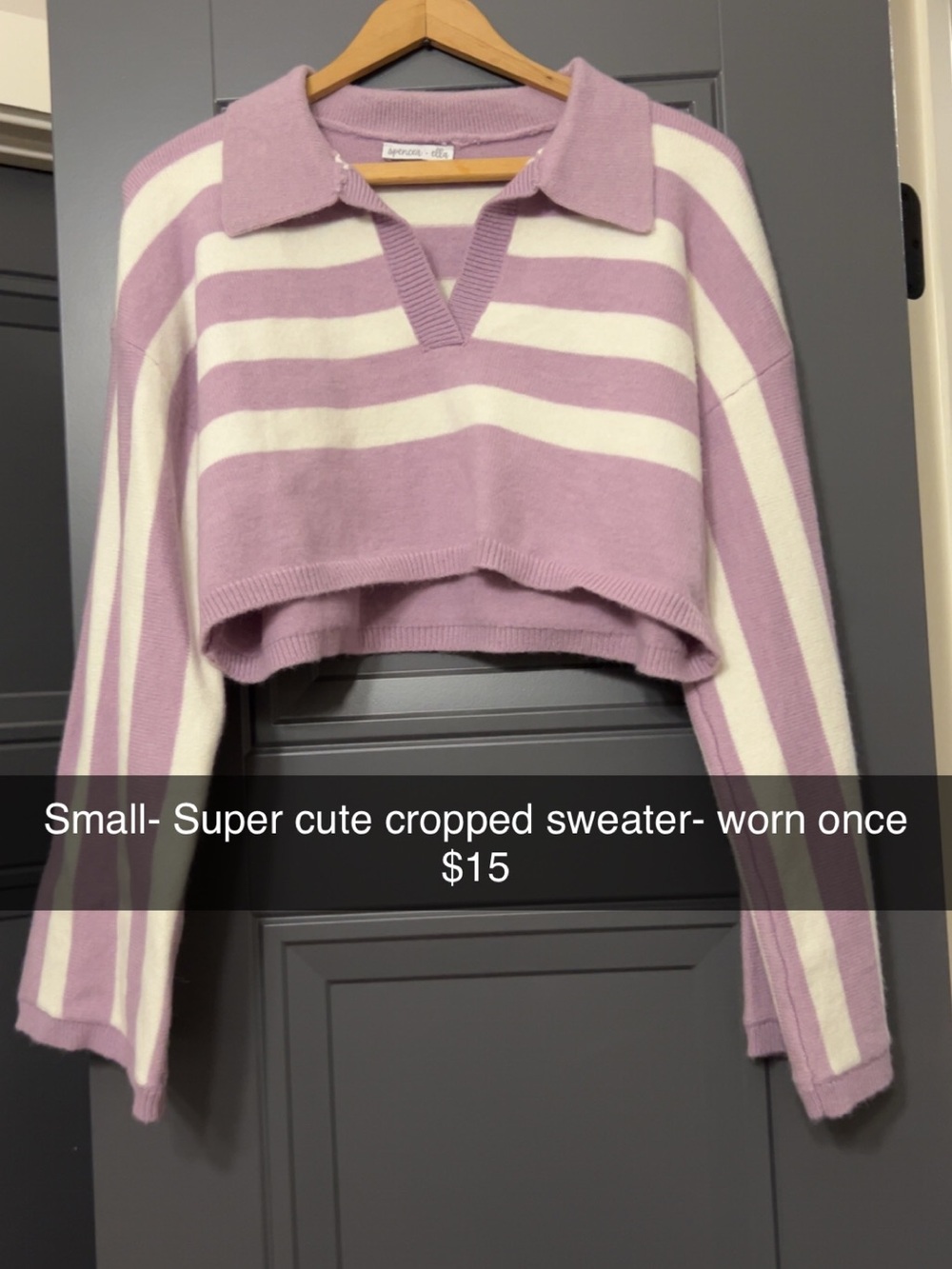 Cropped Collared Stripe Sweater - Lavender & Cream